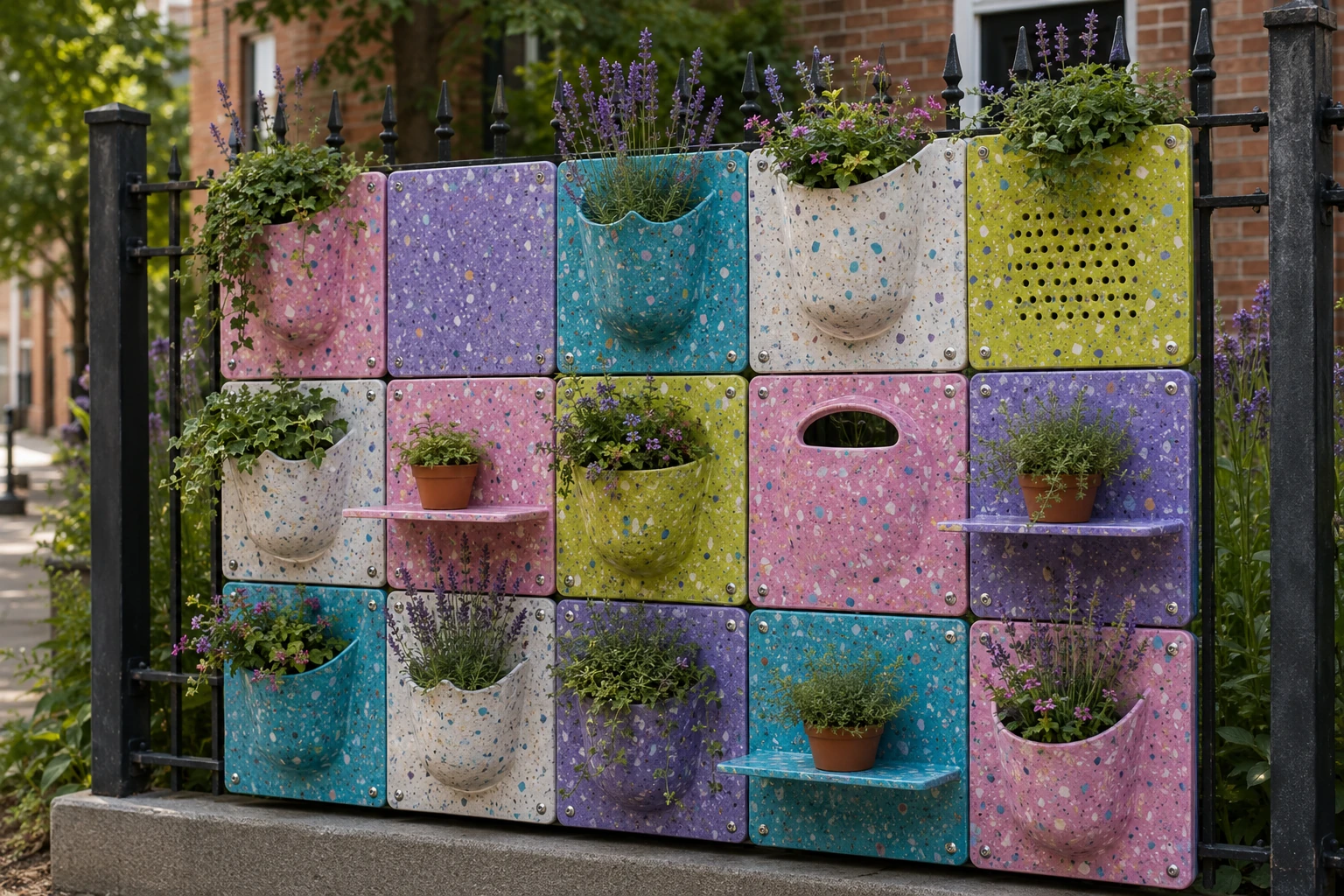 Colourful modular planter tiles retrofitted to an iron fence